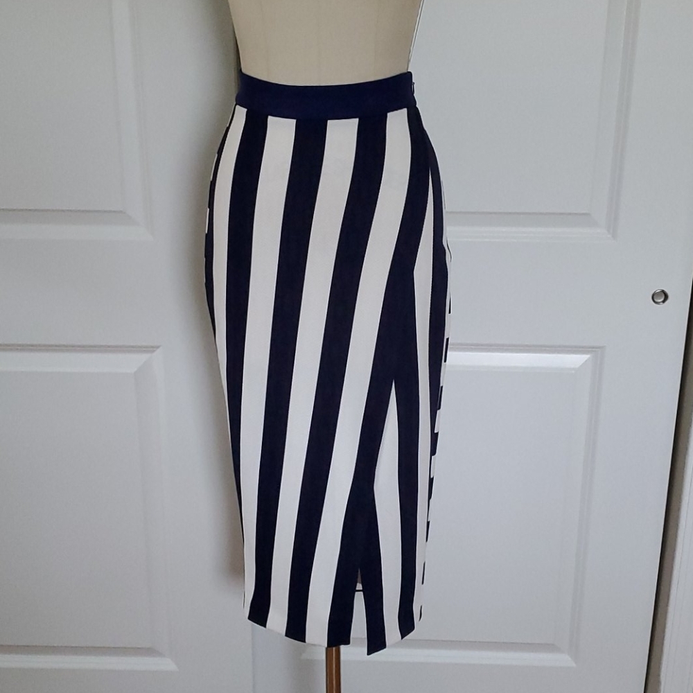 Karen Millen Fitted Blue and White Striped Skirt